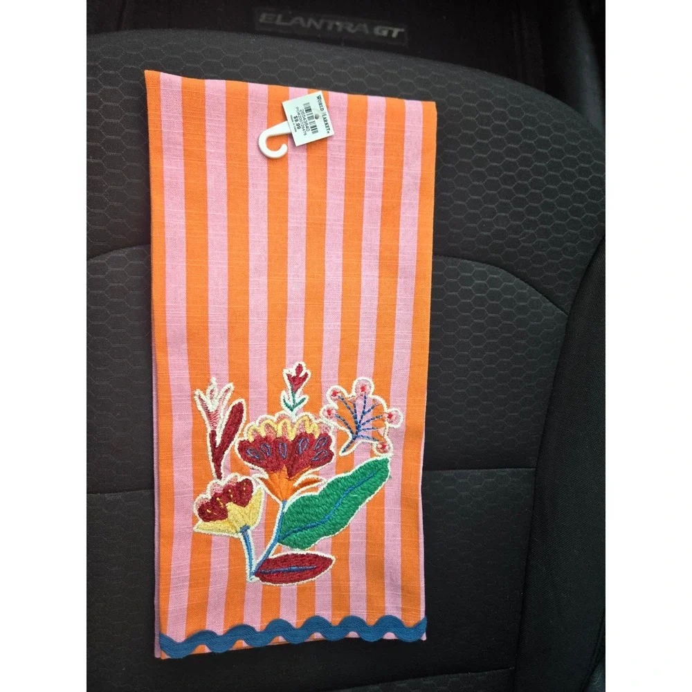 World Market Orange Pink Striped Floral Embroidered Cotton Dish Towel NWT